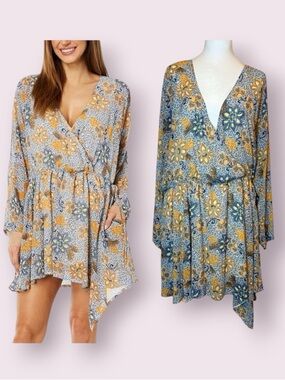 Free People Teagan Mini Dress Blue Sky Combo Floral Size Large